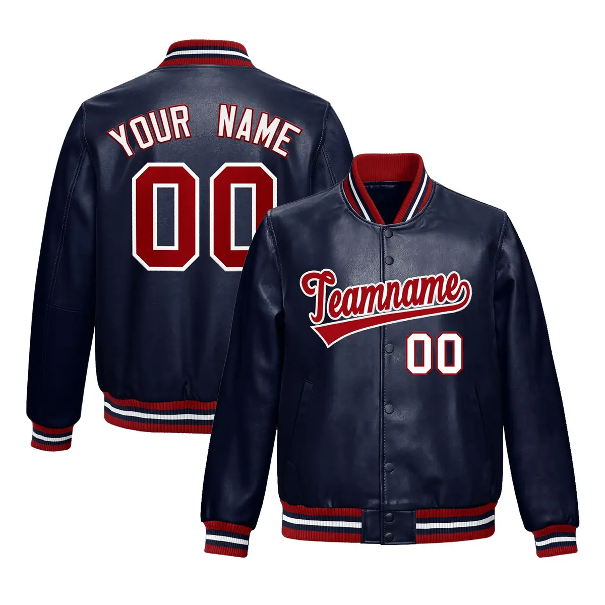 Navy Red Faux Leather Letterman Jacket Full-Snap Varsity