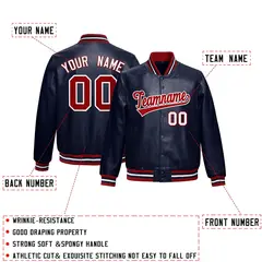 Navy Red Faux Leather Letterman Jacket Full-Snap Varsity 2