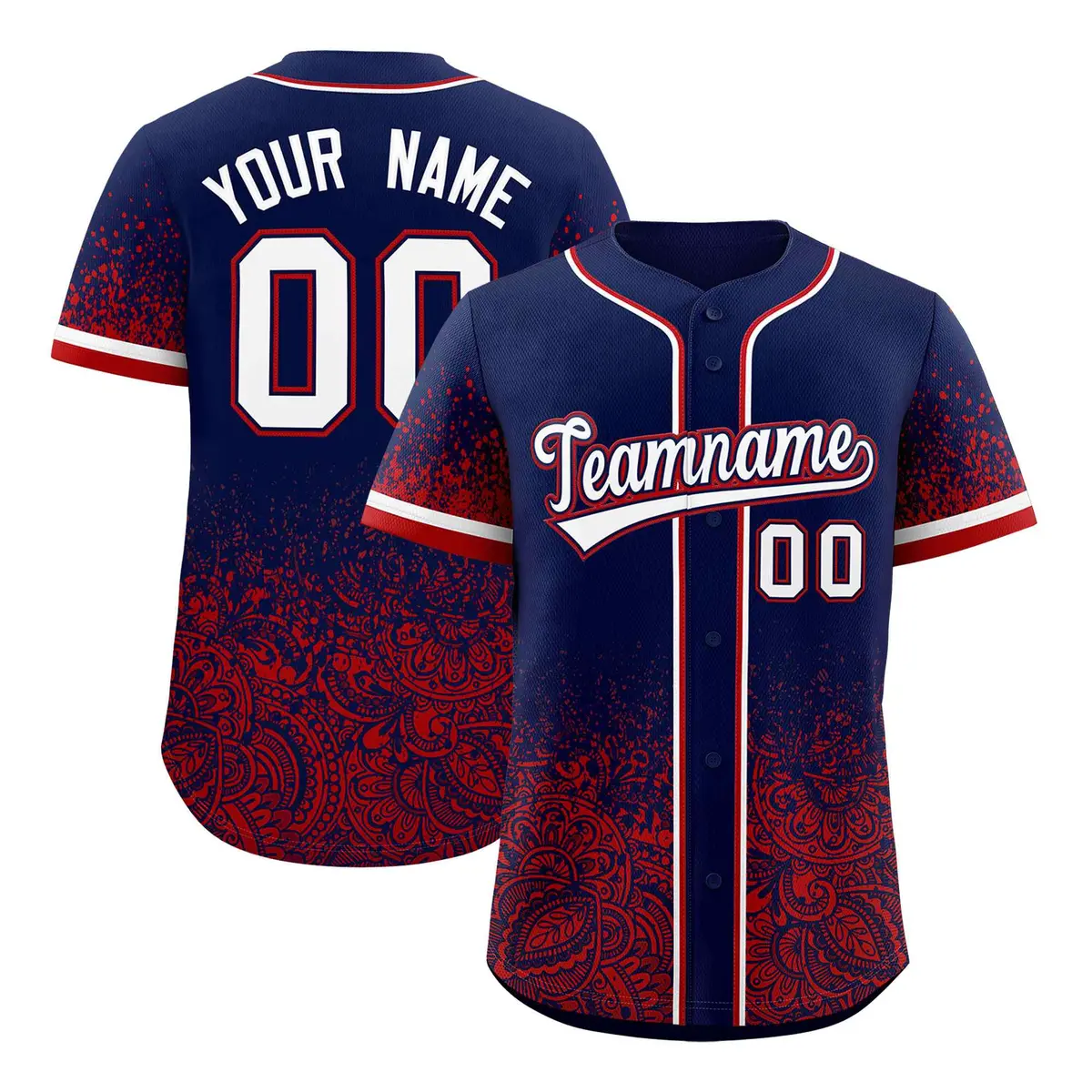 Navy Red Floral Gradient Full Button Fashion Baseball Jersey