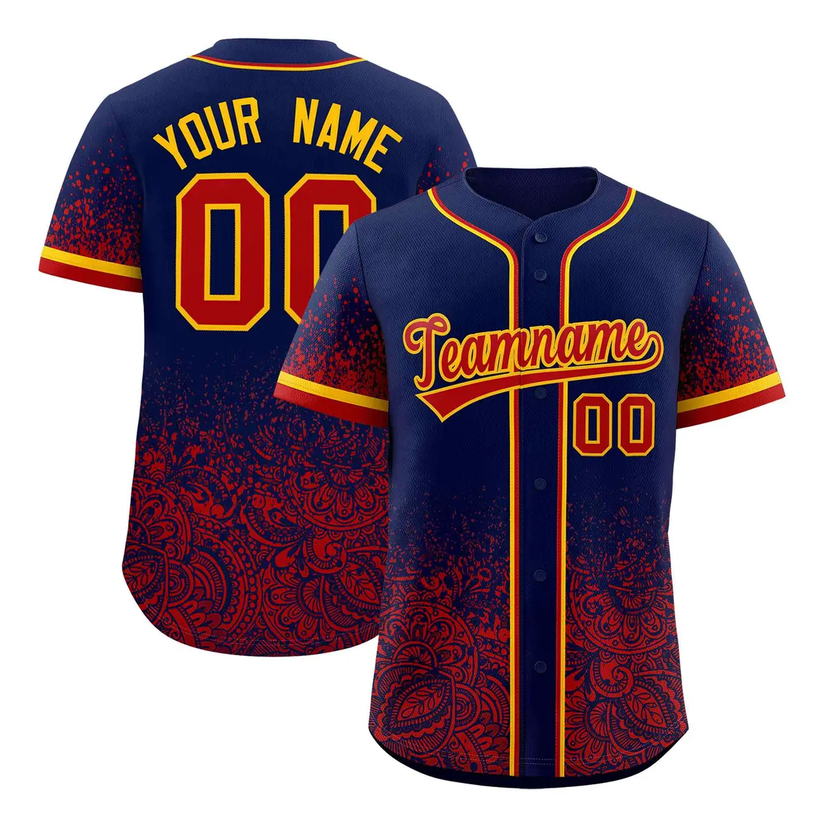 Navy Red Floral Gradient Full Button Fashion Baseball Jersey