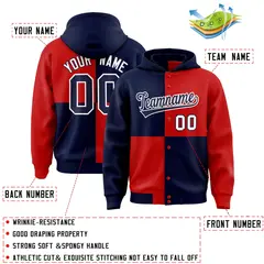 Navy Red Four Squares Color Block Varsity Letterman Jacket Hoodie 4