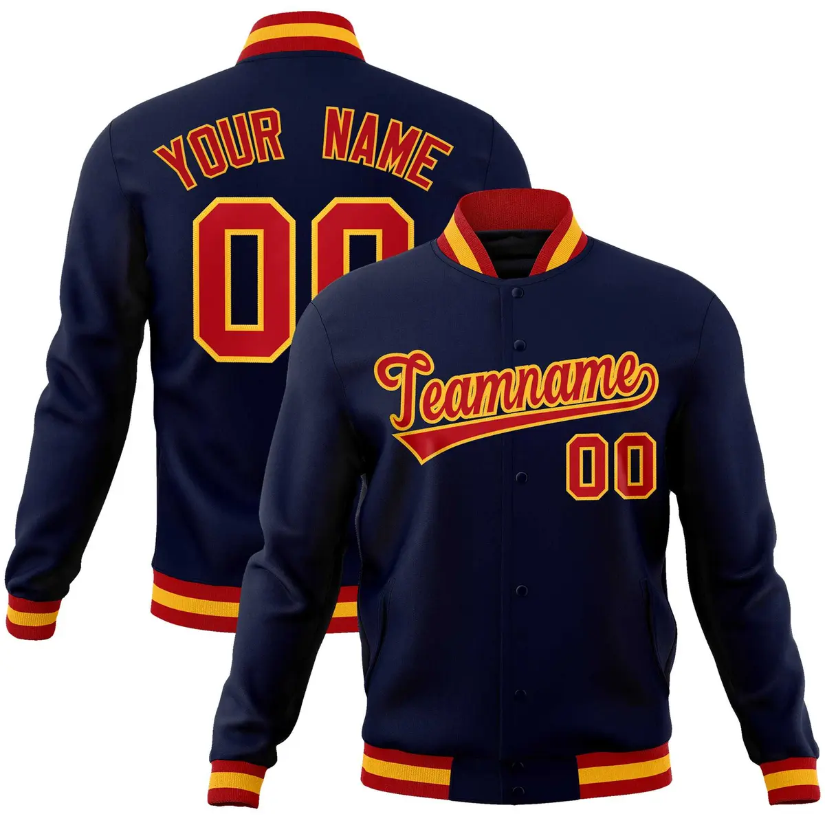 Navy Red-Gold Classic Varsity Full-Snap Letterman Jacket