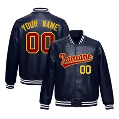 Navy Red Gold Faux Leather Letterman Jacket Full-Snap Varsity 1