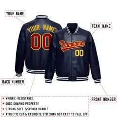 Navy Red Gold Faux Leather Letterman Jacket Full-Snap Varsity 2