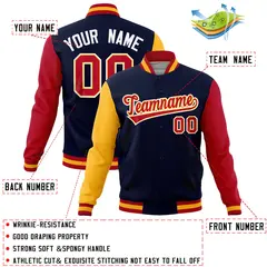 Navy Red-Gold Full-Snap Raglan Varsity Letterman Jacket 4