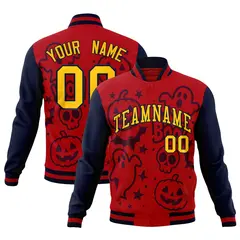 Navy Red Gold Halloween Bats Pumpkins Ghost Letterman Jacket