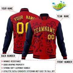 Navy Red Gold Halloween Bats Pumpkins Ghost Letterman Jacket 2