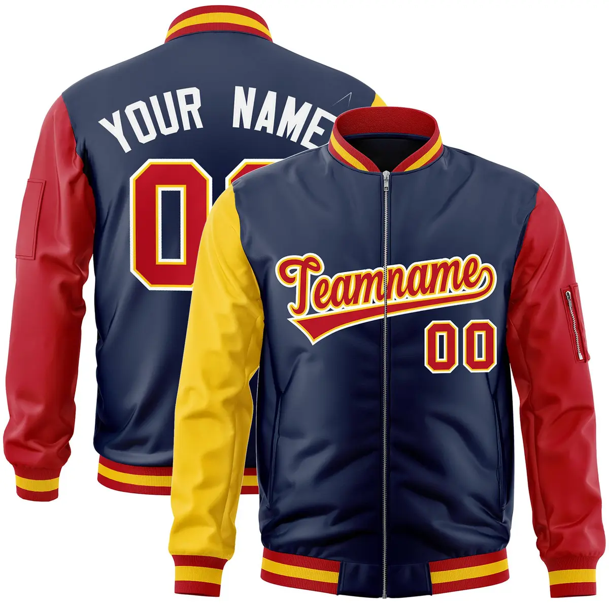 Navy Red-Gold Varsity Full-Zip Raglan Letterman Bomber Jacket