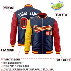 Navy Red-Gold Varsity Full-Zip Raglan Letterman Bomber Jacket 2