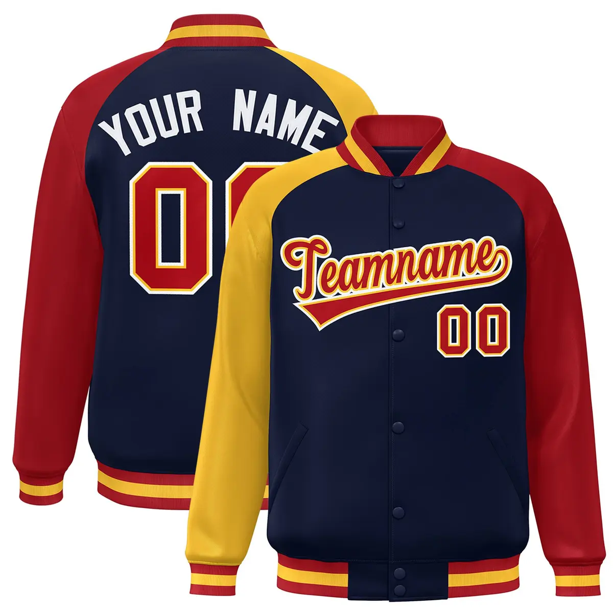 Navy Red-Gold Varsity Raglan Sleeves Letterman Bomber Jacket