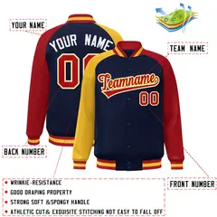 Navy Red-Gold Varsity Raglan Sleeves Letterman Bomber Jacket 2