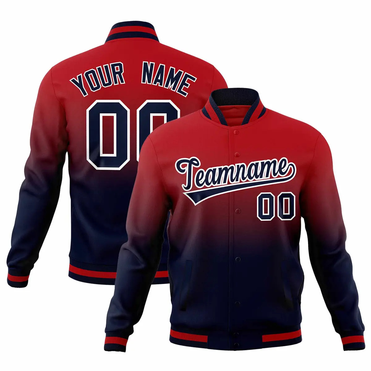Navy Red Gradient Full-Snap Varsity Fashion Letterman Jacket