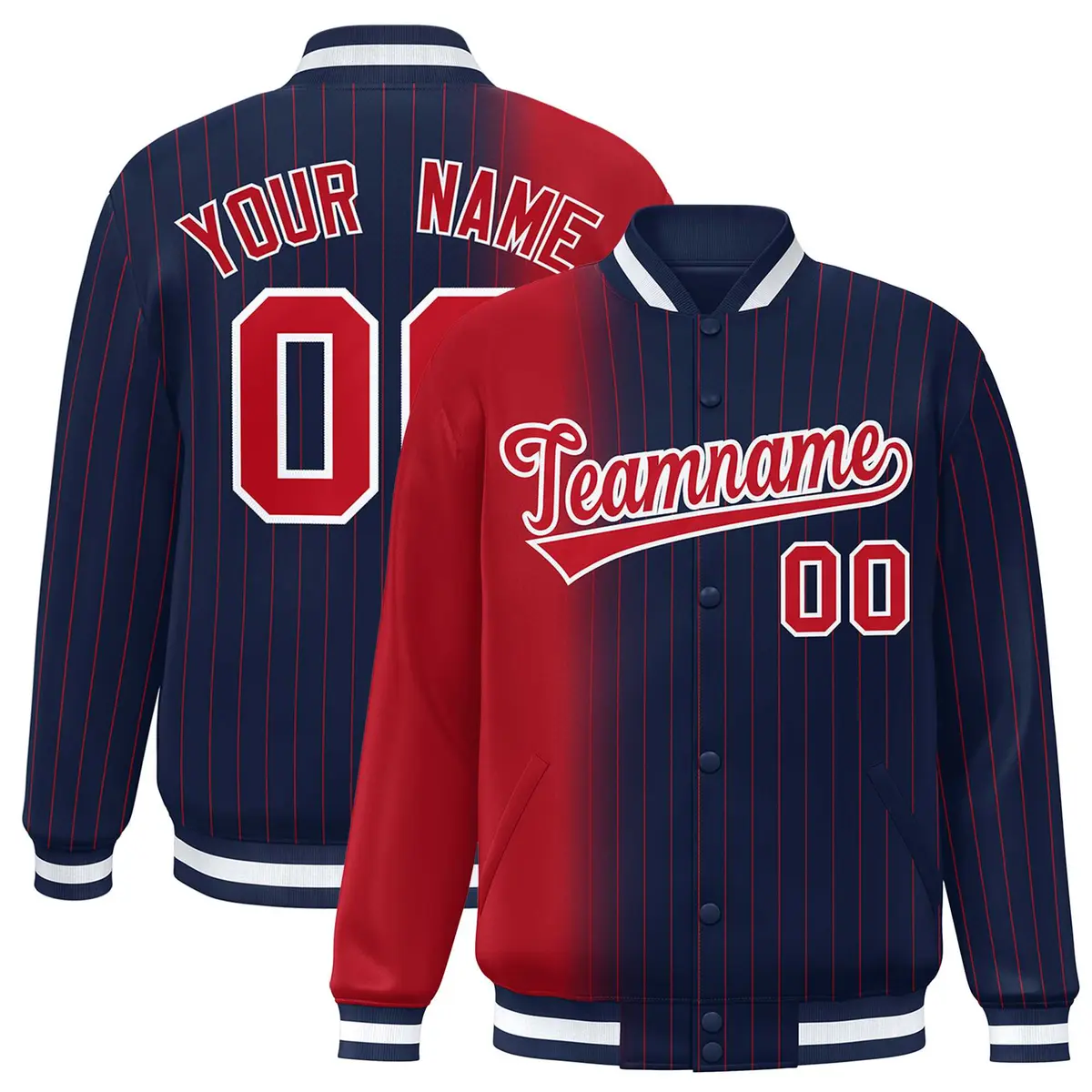 Navy Red Gradient Pinstripe Varsity Full-Snap Letterman Baseball Jacket