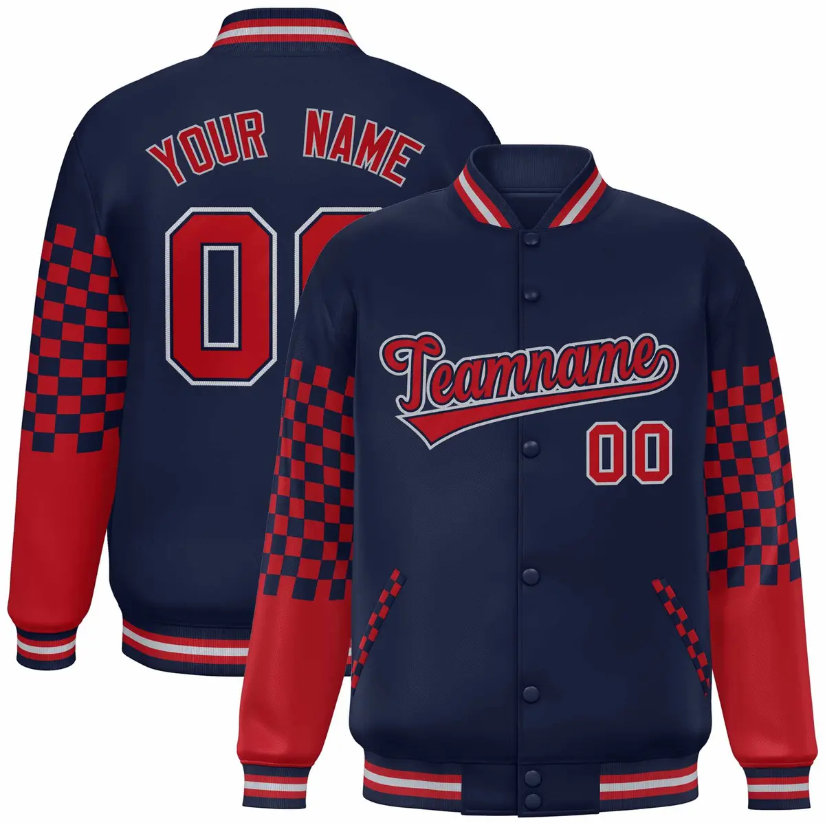 Navy Red-Gray Checkered Color Block Bomber Varsity Jacket