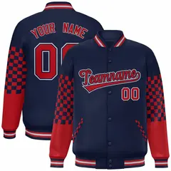 Navy Red-Gray Checkered Color Block Bomber Varsity Jacket