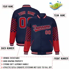 Navy Red-Gray Checkered Color Block Bomber Varsity Jacket 2
