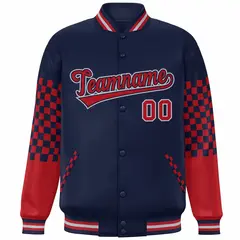 Navy Red-Gray Checkered Color Block Bomber Varsity Jacket 3