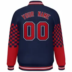 Navy Red-Gray Checkered Color Block Bomber Varsity Jacket 4