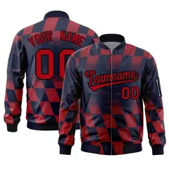 Navy Red Grid Color Block Letterman Varsity Bomber Jacket