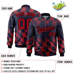 Navy Red Grid Color Block Letterman Varsity Bomber Jacket 2