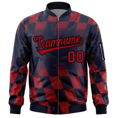 Navy Red Grid Color Block Letterman Varsity Bomber Jacket 3