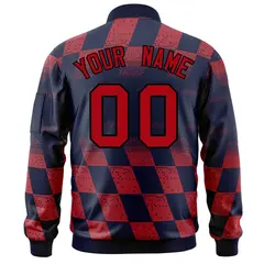 Navy Red Grid Color Block Letterman Varsity Bomber Jacket 4