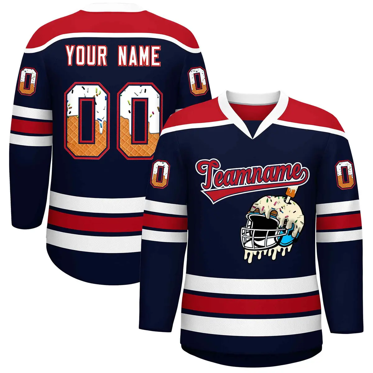 Navy Red Ice Cream Helmet Pattern Hockey Jersey