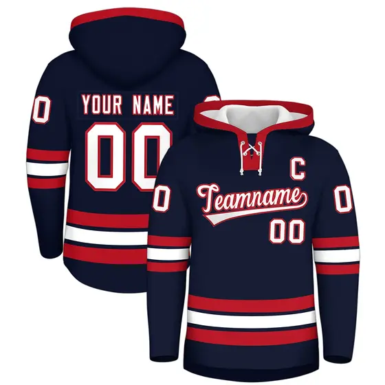 Navy Red Lace-Up Neck Hockey Hoodie