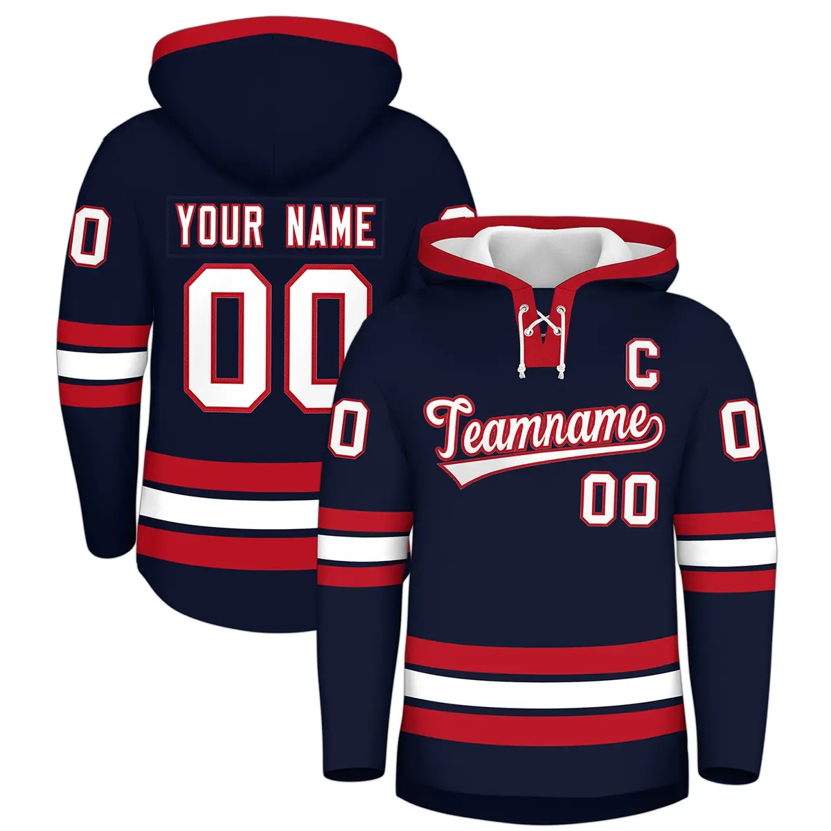 Navy Red Lace-Up Neck Hockey Hoodie
