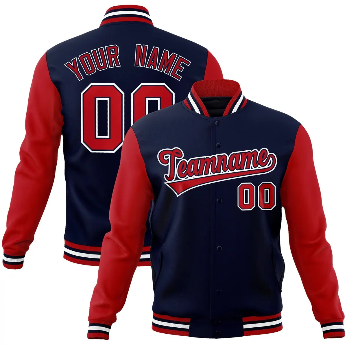 Navy Red-Navy Raglan Varsity Full-Snap Letterman Jacket