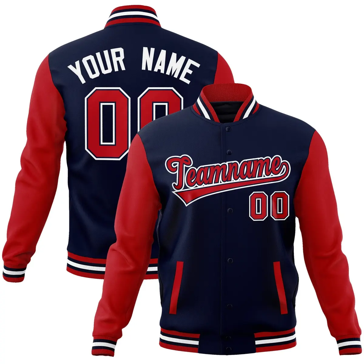 Navy Red-Navy Raglan Varsity Full-Snap Letterman Jacket