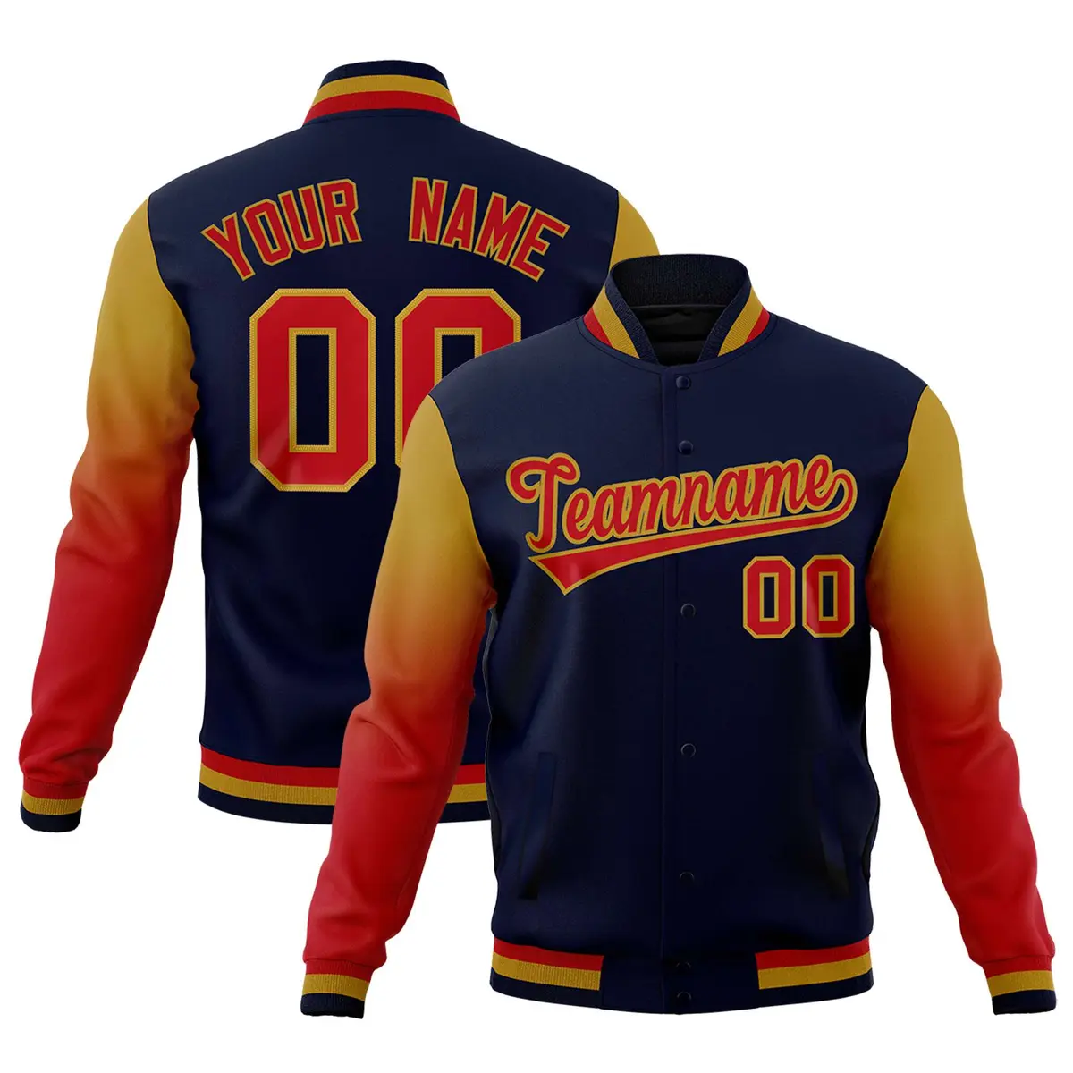 Navy Red Old Gold Gradient Raglan Varsity Letterman Jacket