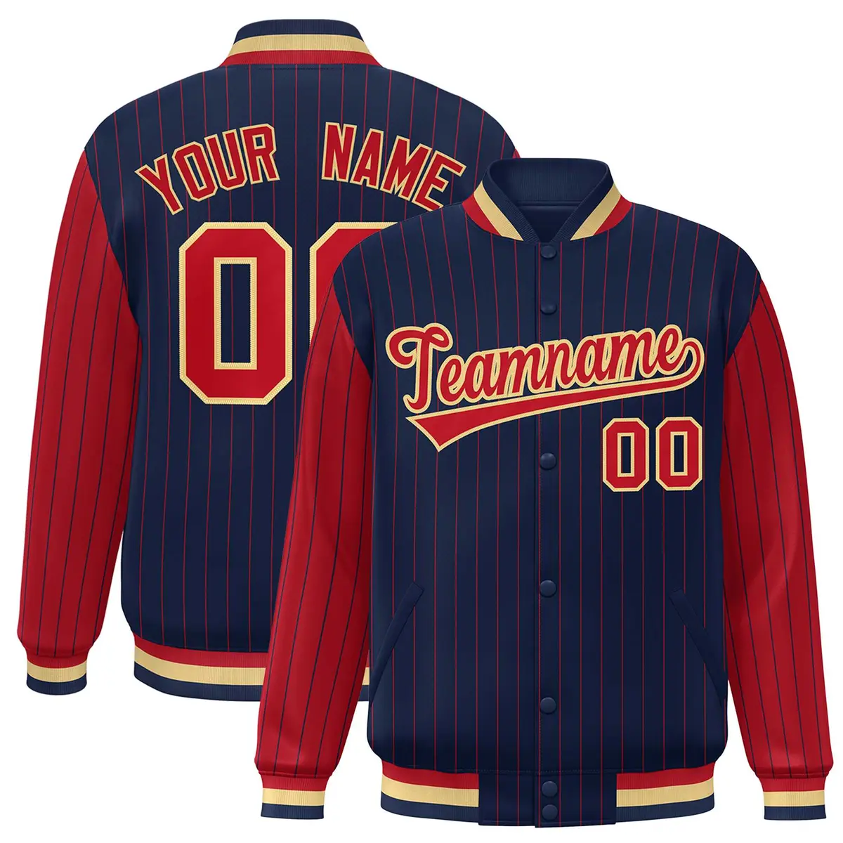 Navy Red Pinstripe Raglan Full-Snap Letterman Baseball Jacket