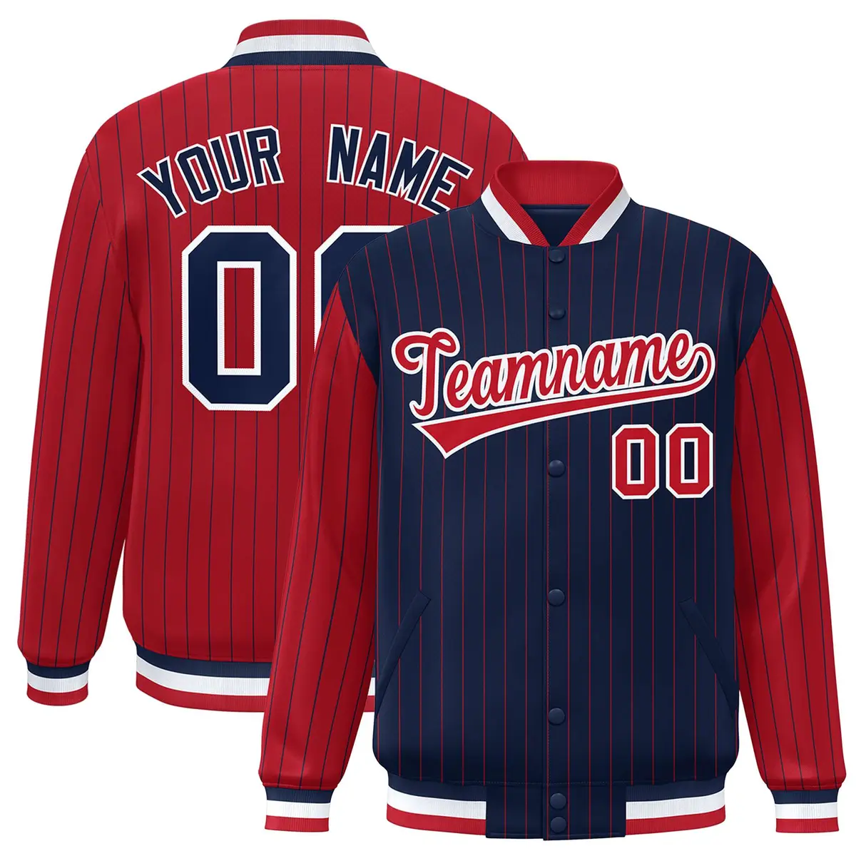 Navy Red Pinstripe Raglan Full-Snap Letterman Baseball Jacket