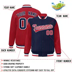 Navy Red Pinstripe Raglan Full-Snap Letterman Baseball Jacket 2