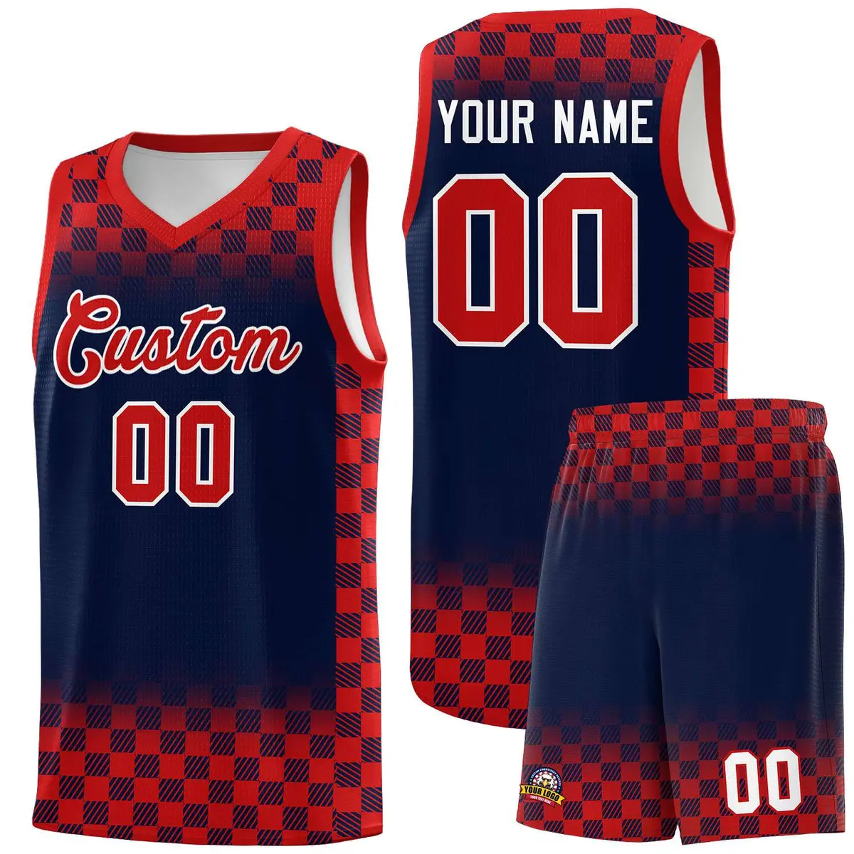 Navy Red Plaid Pattern Basketball Jersey Sports Uniform