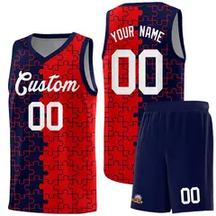 Navy Red Puzzle Pattern Splid Basketball Kits 1