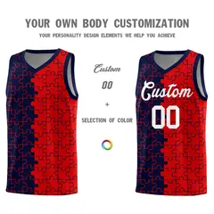 Navy Red Puzzle Pattern Splid Basketball Kits 3