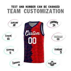 Navy Red Puzzle Pattern Splid Basketball Kits 4