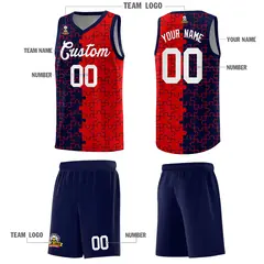 Navy Red Puzzle Pattern Splid Basketball Kits 5