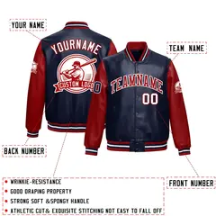 Navy Red Raglan Full-Snap Faux Leather Letterman Jacket 2