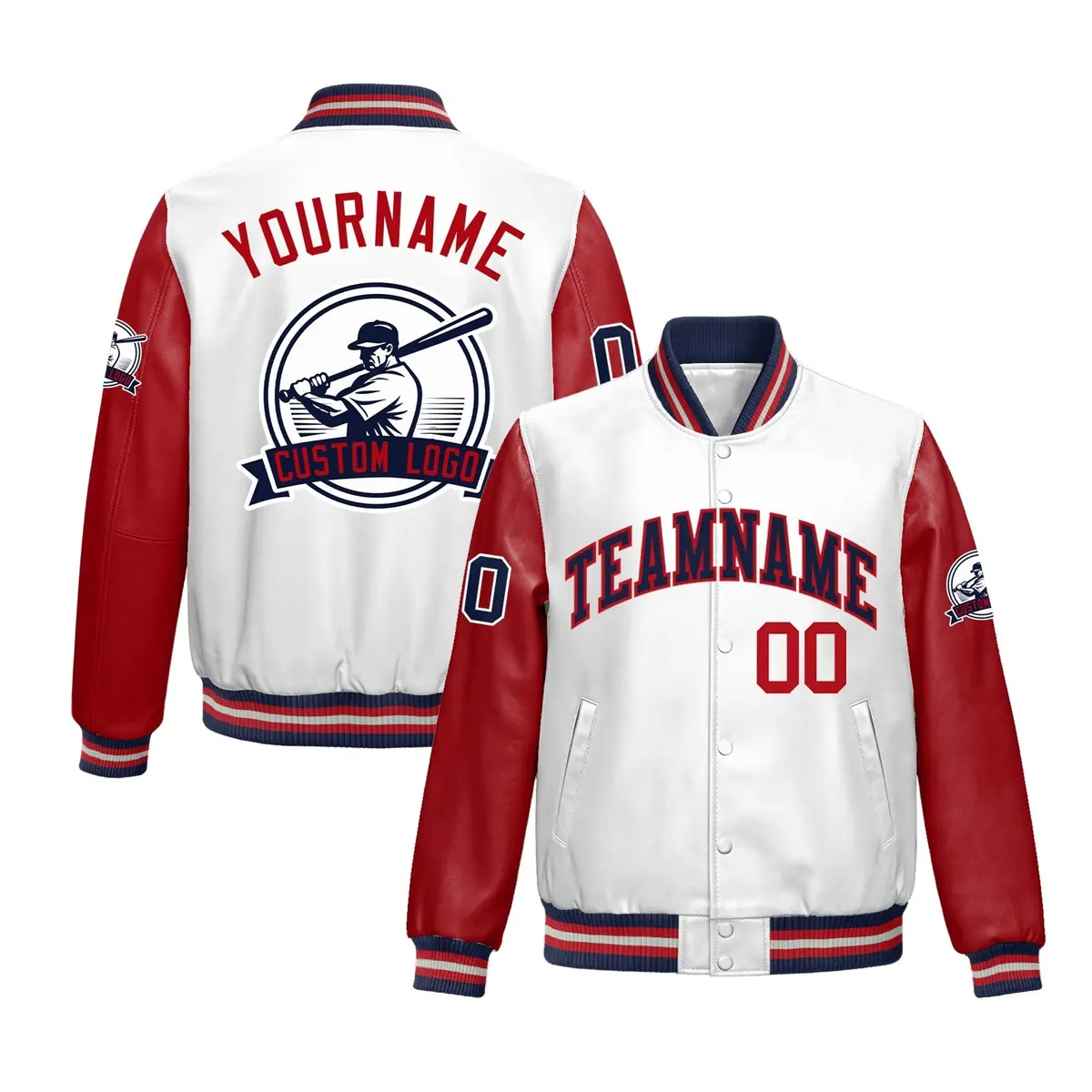 Navy Red Raglan Full-Snap Faux Leather Letterman Jacket