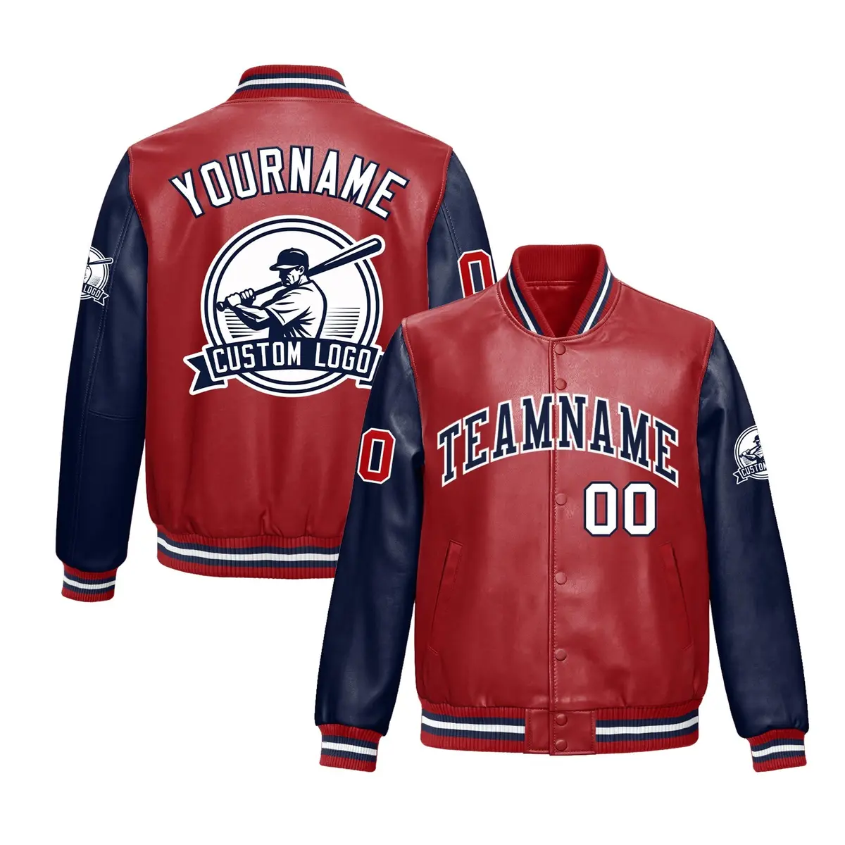 Navy Red Raglan Full-Snap Faux Leather Letterman Jacket