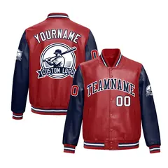 Navy Red Raglan Full-Snap Faux Leather Letterman Jacket