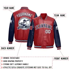 Navy Red Raglan Full-Snap Faux Leather Letterman Jacket 2