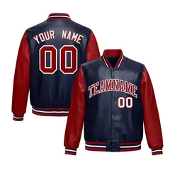 Navy Red Raglan Full-Snap Varsity Faux Leather Letterman Jacket