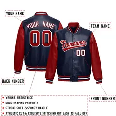 Navy Red Raglan Full-Snap Varsity Faux Leather Letterman Jacket 2
