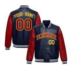 Navy Red Raglan Full-Snap Varsity Faux Leather Letterman Jacket