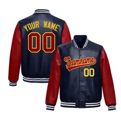 Navy Red Raglan Full-Snap Varsity Faux Leather Letterman Jacket 1