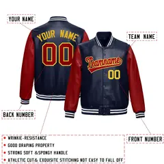 Navy Red Raglan Full-Snap Varsity Faux Leather Letterman Jacket 2